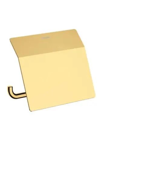 Toilettenpapierhalter mit Deckel in Goldoptik, hergestellt von Hansgrohe. Das Design ist funktional und schlicht, geeignet für moderne Badezimmer.